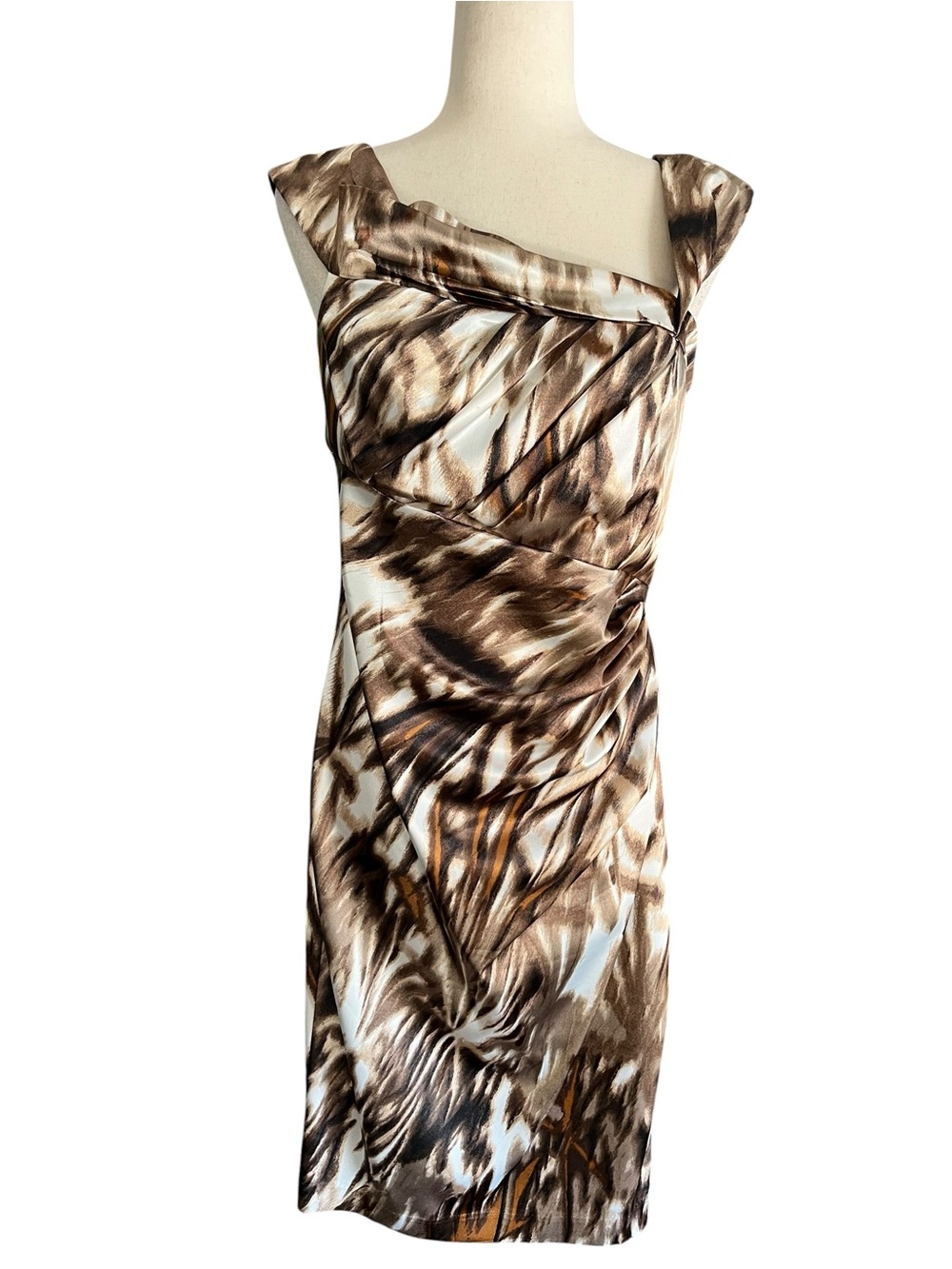 Maggie London pleated animal print satin dress